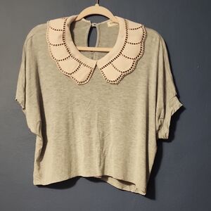 Ginger G Gray Blouse with Cream Collar